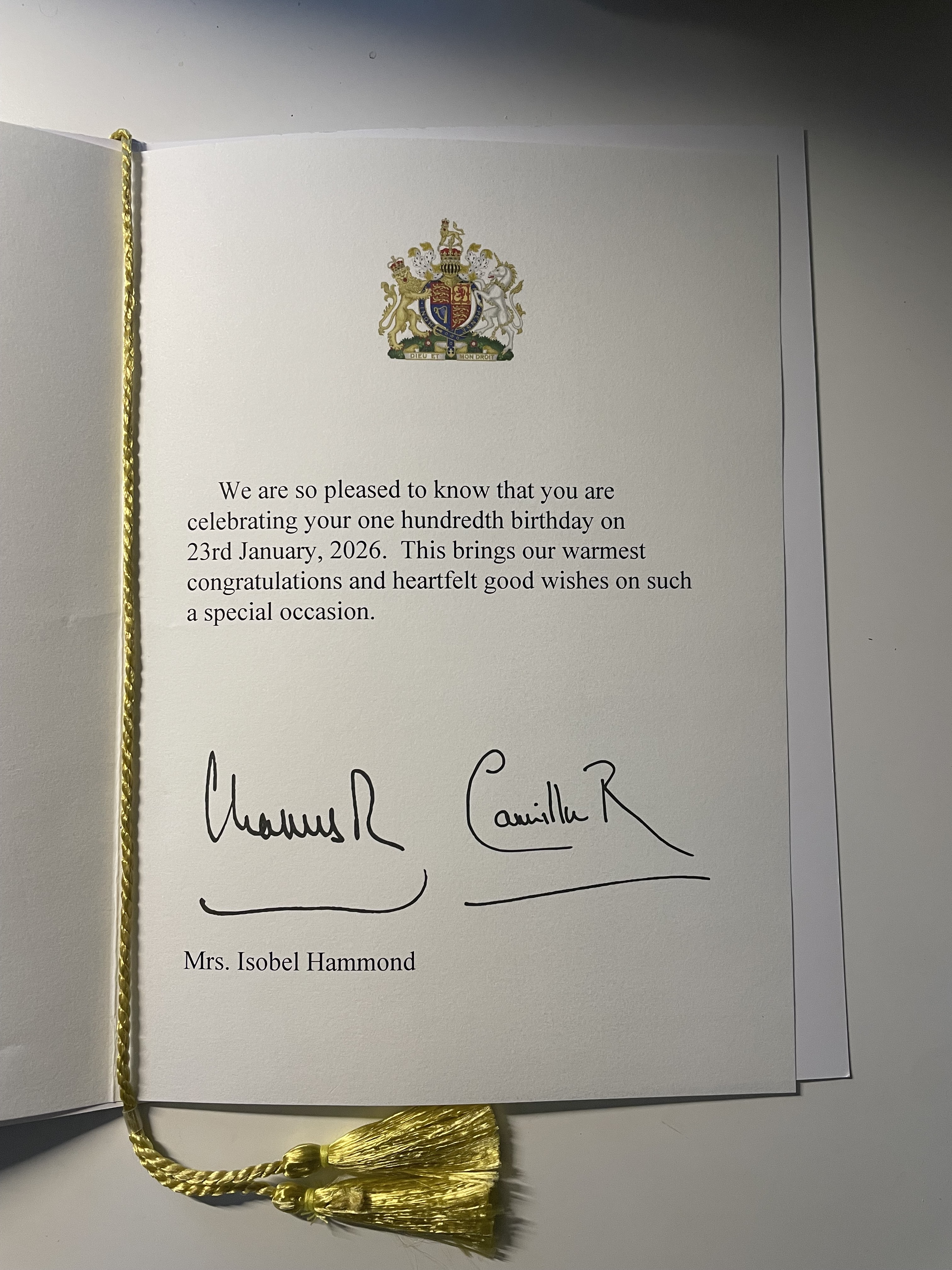 Inside of the King's birthday card to Mrs. Isobel Hammond, signed by Charles R and Camilla R, congratulating her on her 100th birthday on 23rd January 2026