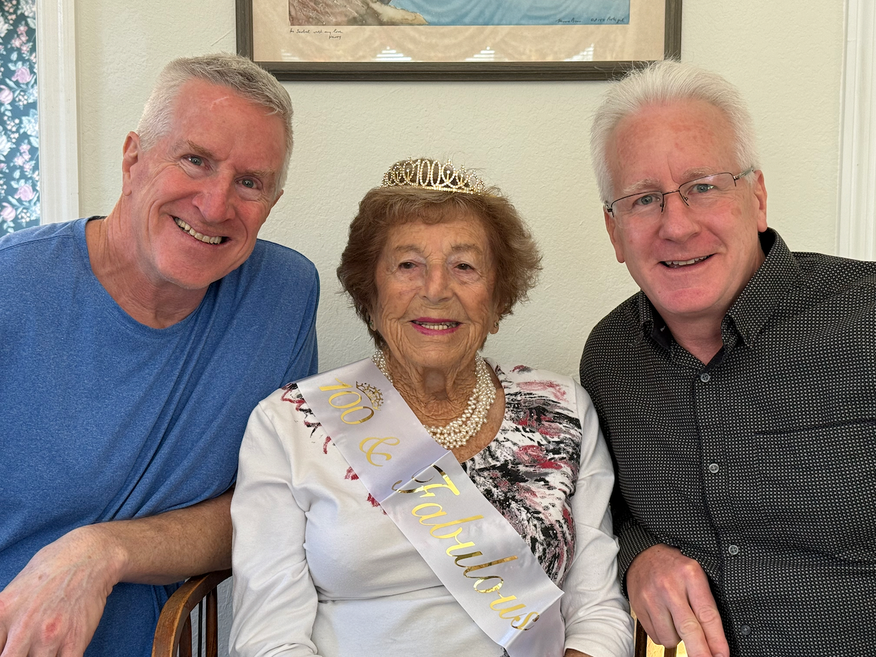 Isobel Hammond with her sons Colin and Paul Hammond, co-founders of Iamfine, on her 100th birthday
