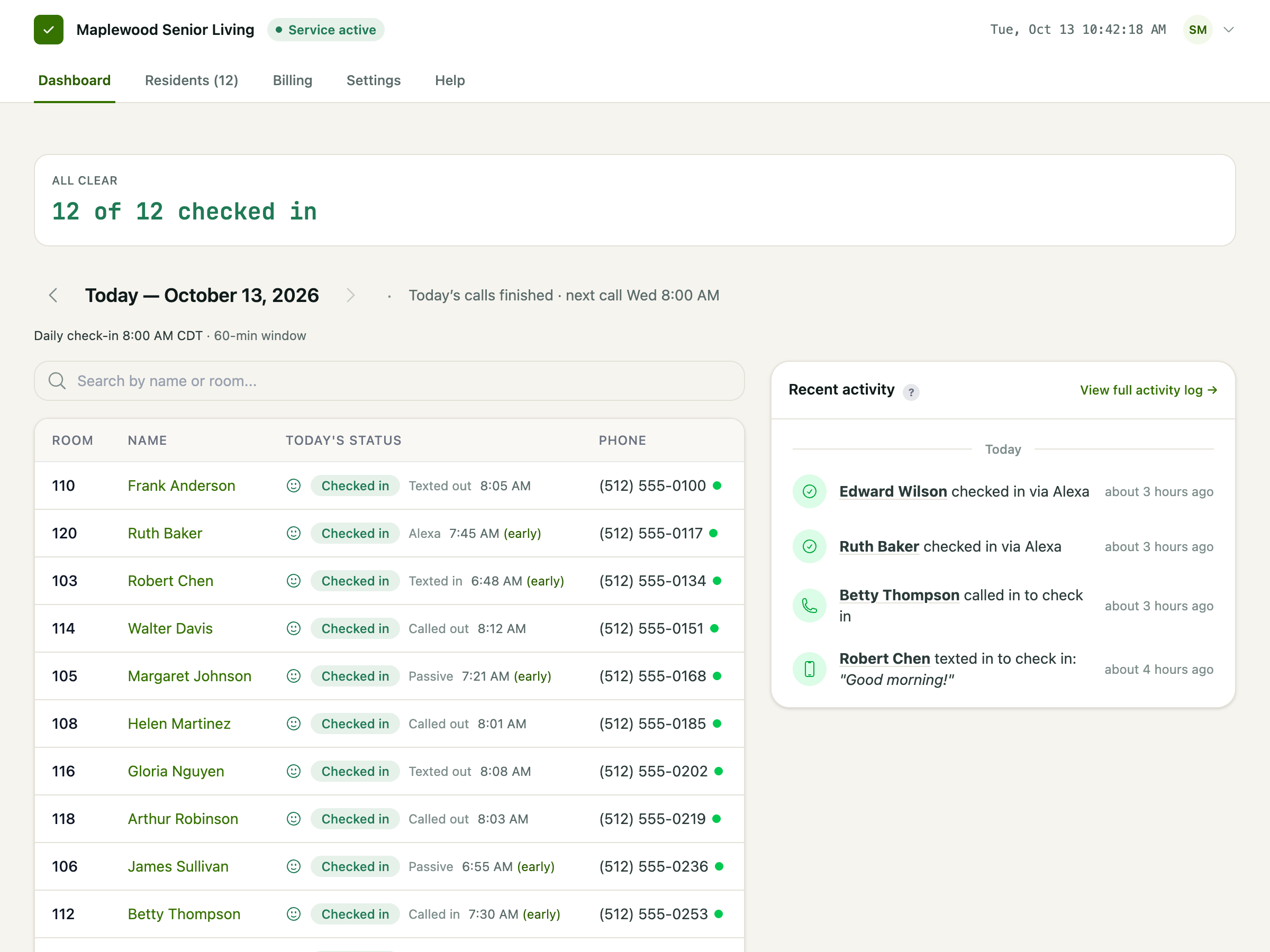 OKHERE dashboard showing real-time resident check-in status